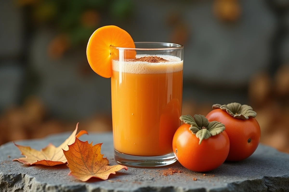 Smoothie au kaki servi en verre avec une tranche de fruit en décoration sur une surface en pierre rustique entourée de feuilles d'automne
