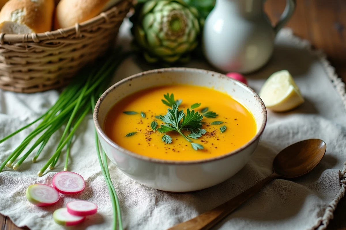 Bol de soupe printanière aux légumes de saison d'avril posé sur nappe en lin, entouré d'artichaut, ciboulette, radis et persil plat en décor rustique
