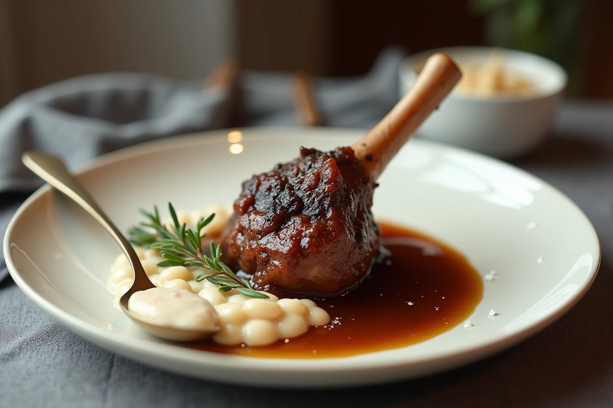 Souris d'agneau confite présentée sur assiette céramique avec purée de haricots blancs et thym, texture fondante visible en gros plan