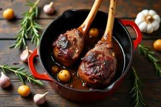 Souris d'agneau cuites à la cocotte en fonte avec ail, romarin et échalotes dorées, vue de dessus sur une table en bois rustique