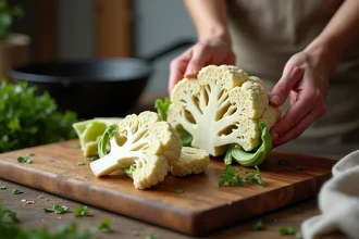 Steaks de chou-fleur découpés sur une planche en bois dans une cuisine rustique