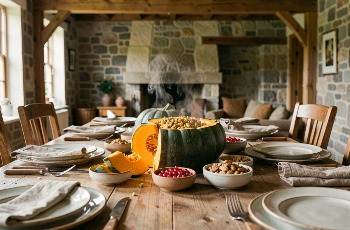 Table d'automne conviviale avec courge bleu de Hongrie rôtie entière ouverte en partage entre amis