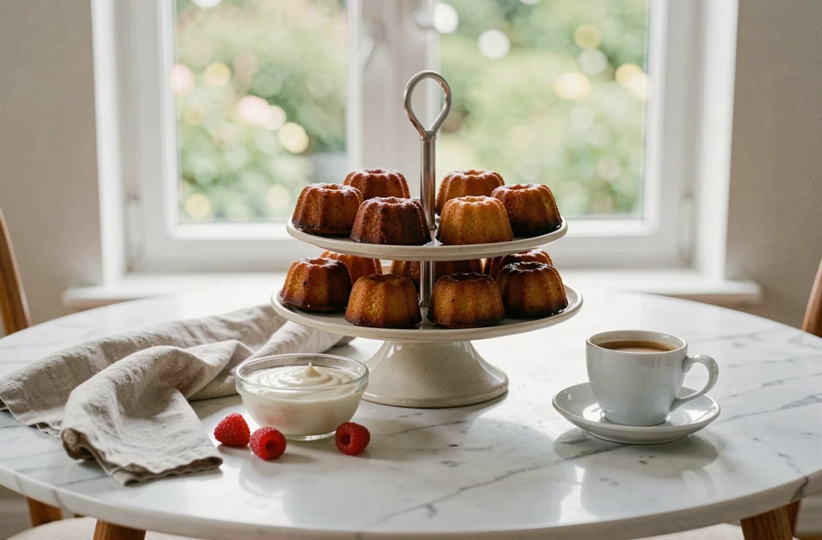 Table de brunch élégante avec des canelés sur un présentoir en céramique, crème fraîche et framboises, sur un plateau en marbre blanc