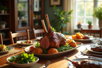 Table de dîner avec gigot d'agneau rôti en centre