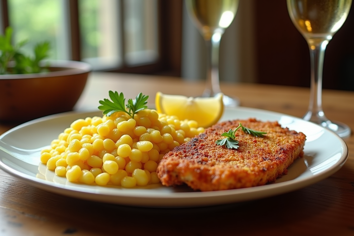 Table rustique avec polenta dorée et escalope de veau