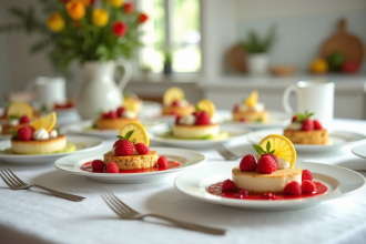 Table élégante avec desserts aux fruits L en cuisine lumineuse