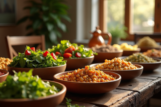 Table rustique avec legumes cuits et salade verte