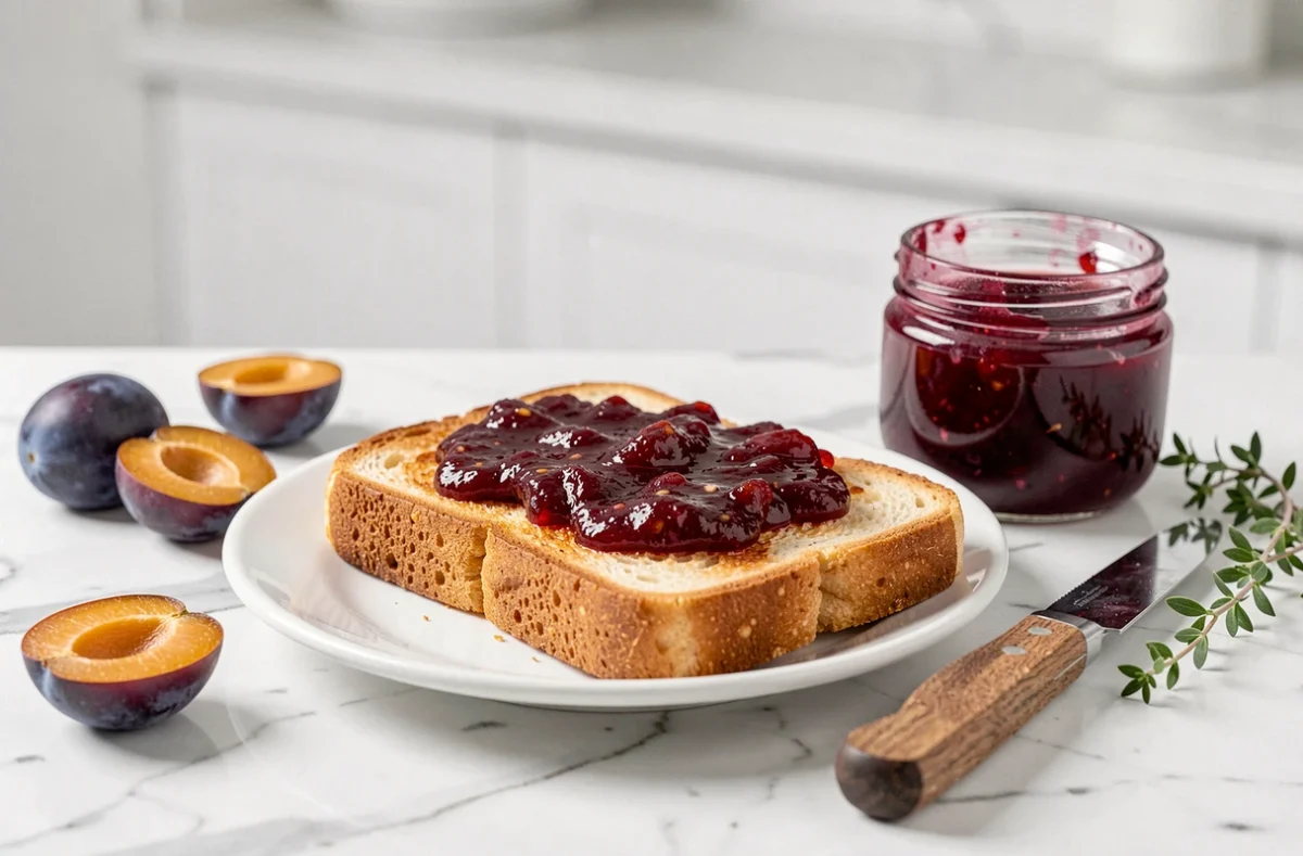 Tartine de pain grillé avec de la confiture de prunes maison sur une assiette en céramique blanche