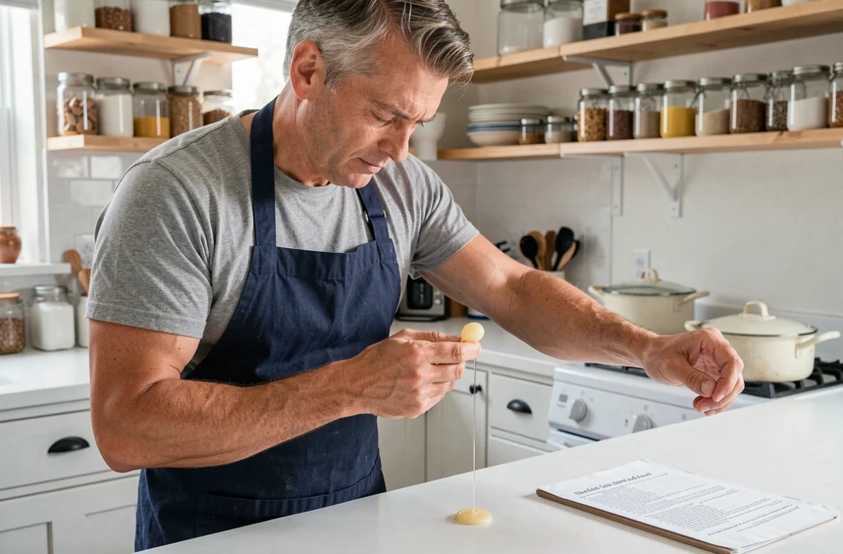 Boulanger amateur testant la cuisson du sirop pour pâte à bombe au toucher, méthode visuelle sans thermomètre