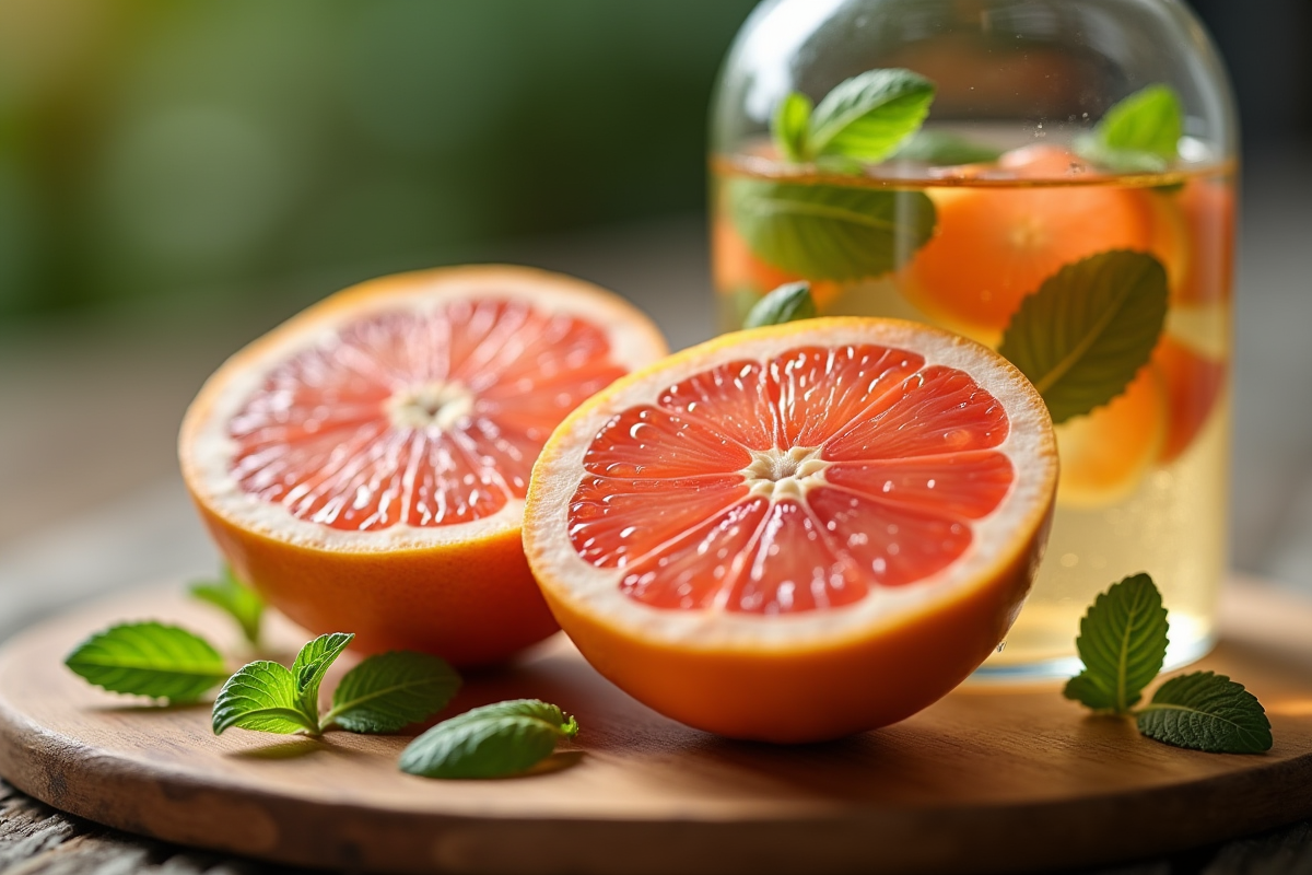 Tranche de pamplemousse avec eau infusee et feuilles de menthe