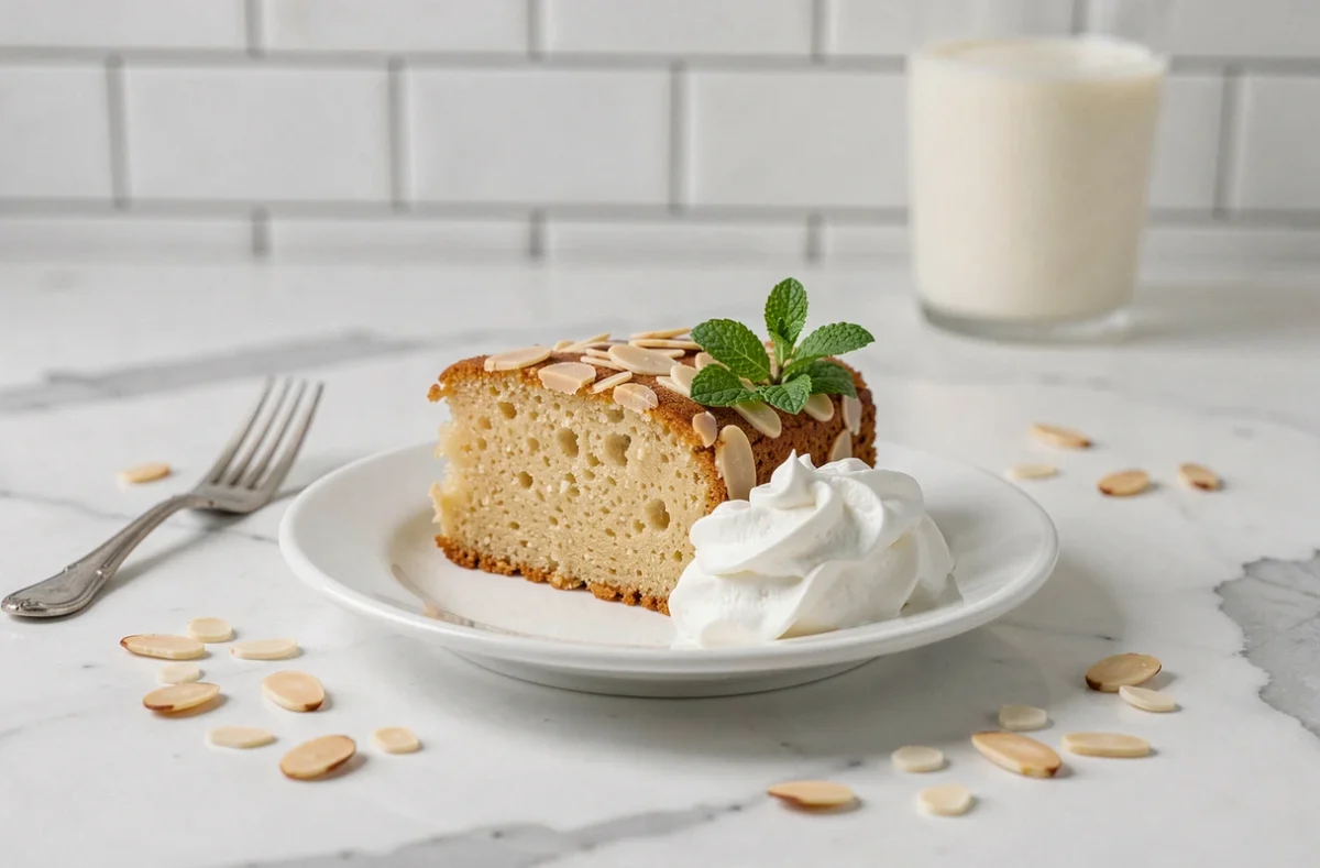 Tranche de gâteau aux amandes sans gluten avec crème fouettée servie sur une assiette en porcelaine blanche