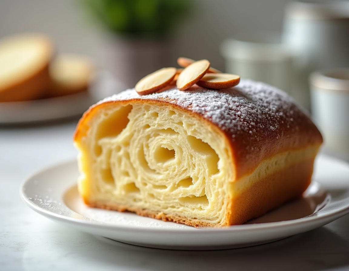 Tranche de pain de Gênes moelleux à l'amande en gros plan sur une assiette blanche avec amandes effilées et sucre glace