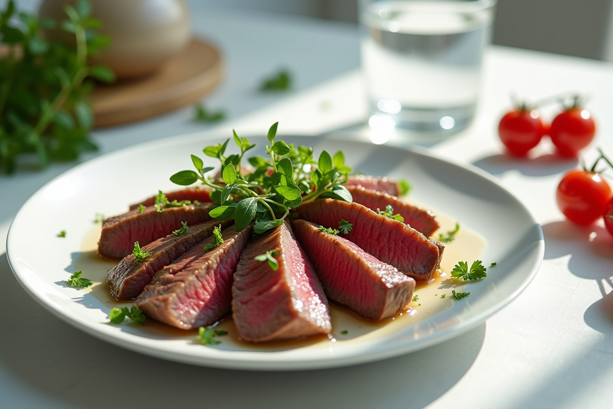 Tranche de steak végétal sur assiette blanche avec microgreens