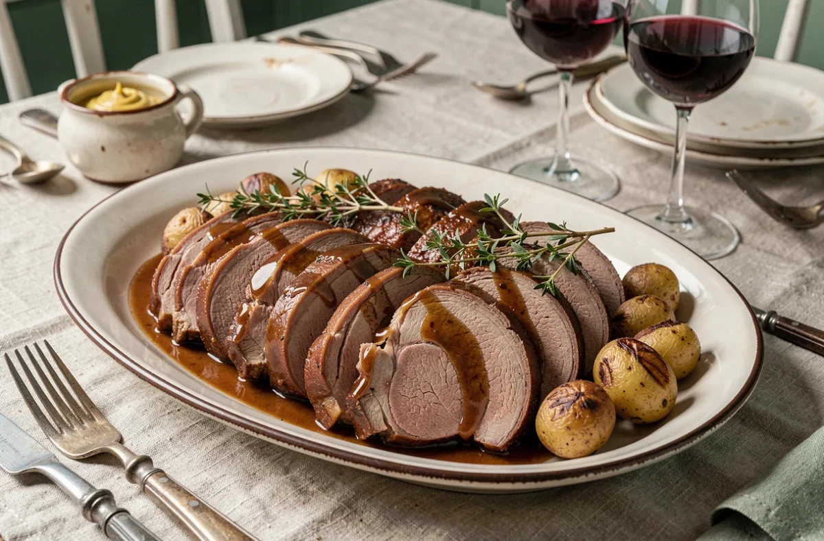Tranches de rôti de porc braisé servi sur un plat en céramique avec pommes de terre rôties et jus de cuisson