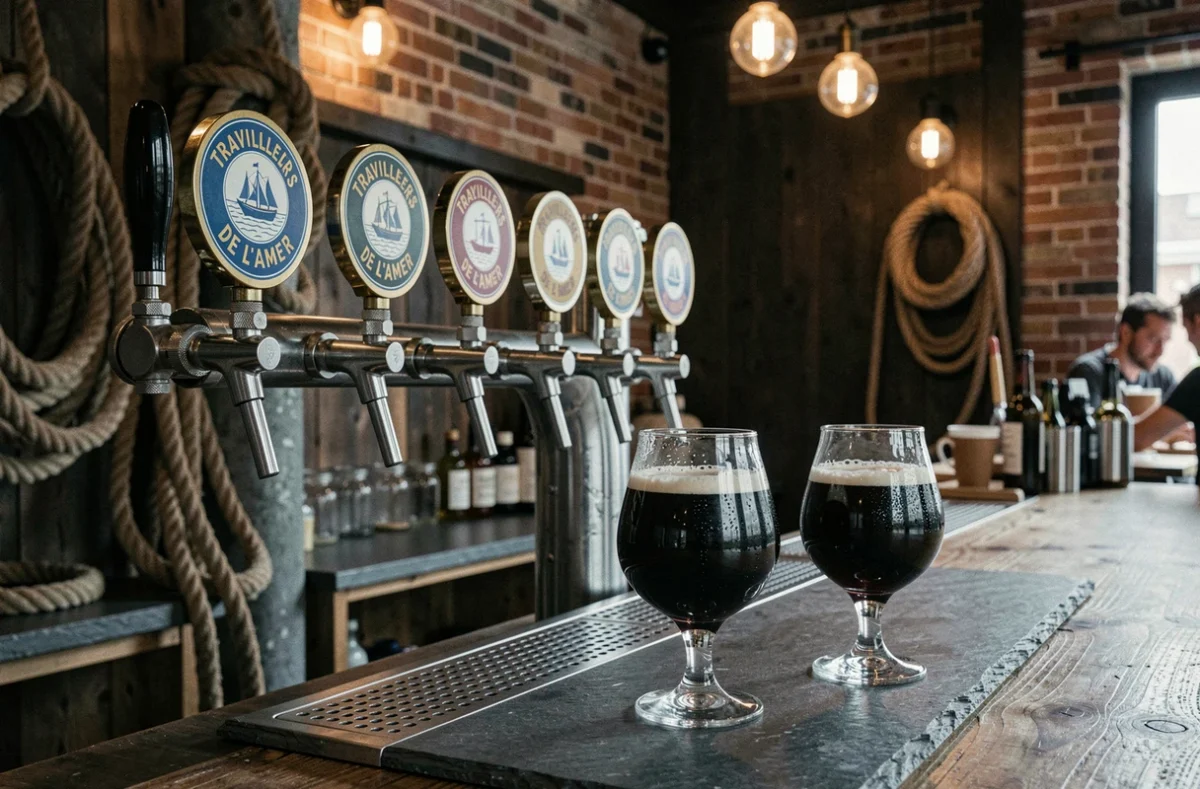 Tireuses de bière artisanale des Travailleurs de l'Amer avec des verres tulipe remplis de bière houblonnée sur un comptoir en ardoise
