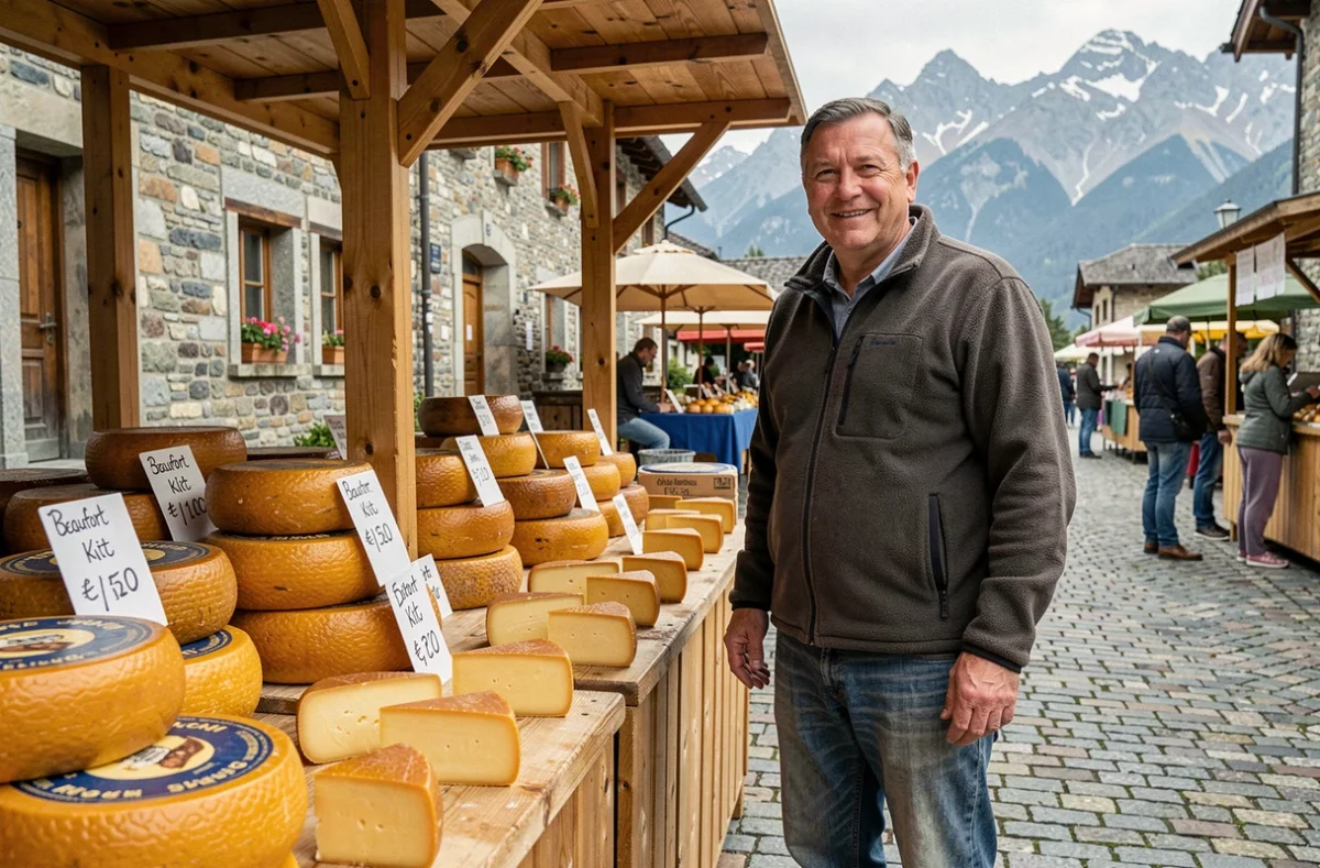 Producteur de Beaufort vendant du fromage au poids sur un marché de village alpin