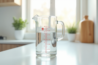 Verre mesureur de 500ml sur plan de travail lumineux