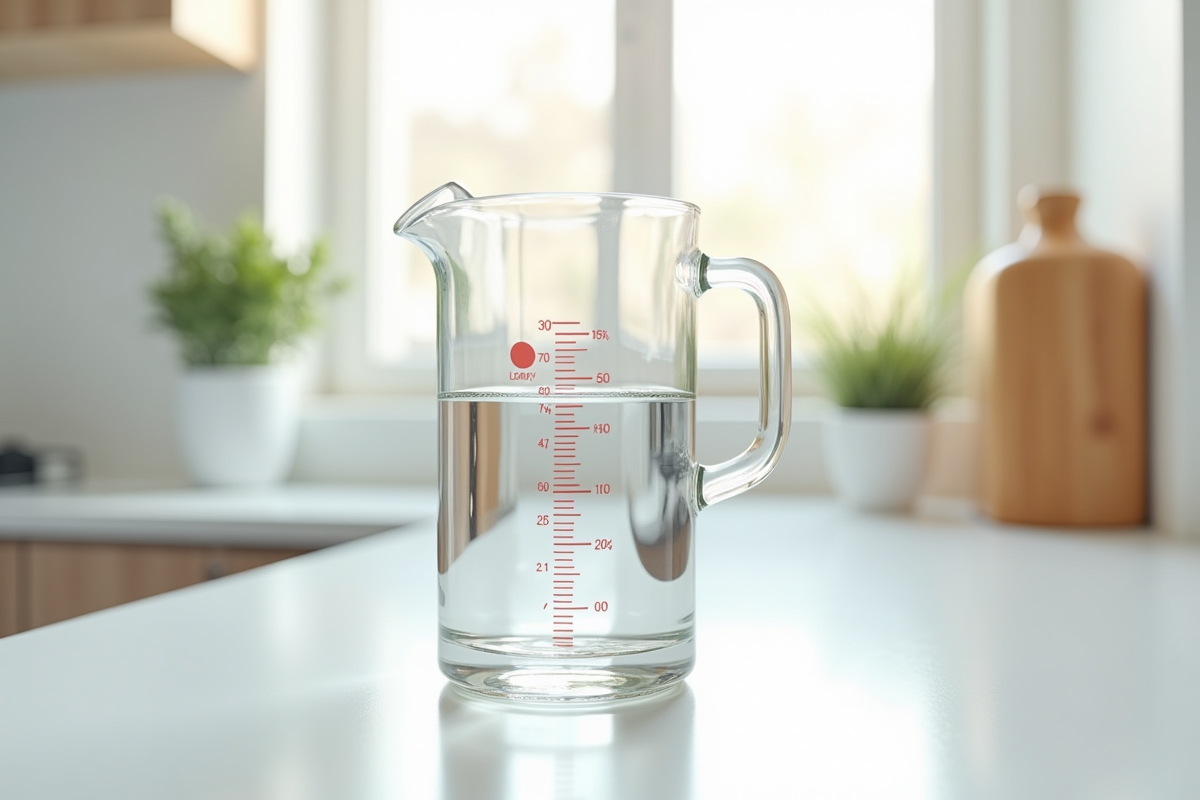 Verre mesureur de 500ml sur plan de travail lumineux