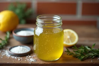 Petit pot en verre contenant une vinaigrette maison à l'huile d'olive et à la moutarde, posé sur un comptoir en chêne rustique avec du sel de mer et du citron